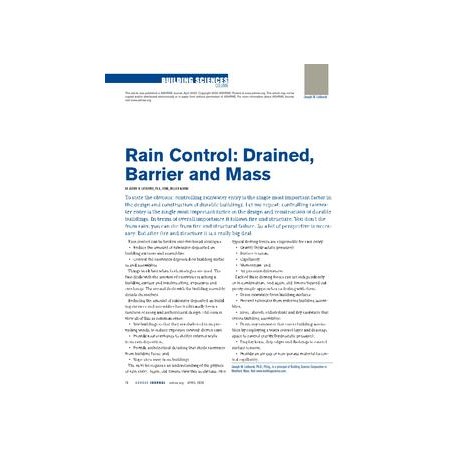 Building Sciences: Rain Control: Drained, Barrier and Mass