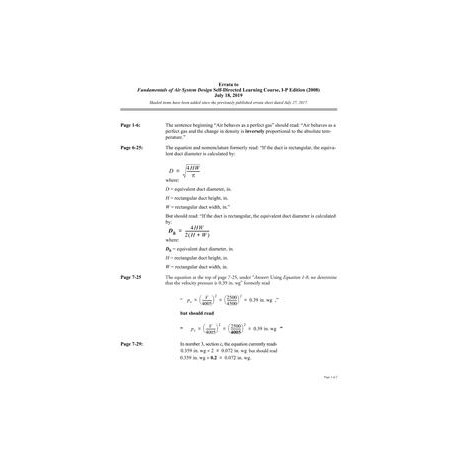 Errata to Fundamentals of Air System Design I-P, 2nd Edition, July 18, 2019