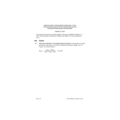 Errata to Guideline 1.2-2019 -- Technical Requirements for the Commissioning Process for Existing HVAC&amp;R Systems and Assembl